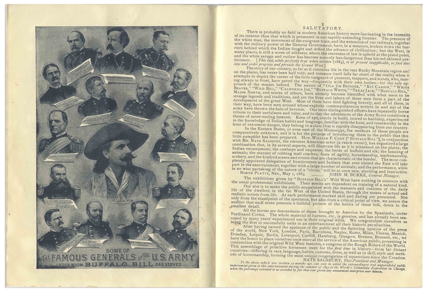 1895 Program for ''Buffalo Bill's Wild West'' Show -- Featuring Buffalo Bill Cody ''sharpshooting at full speed'', Annie Oakley & Cody Rescuing Settlers From Attack